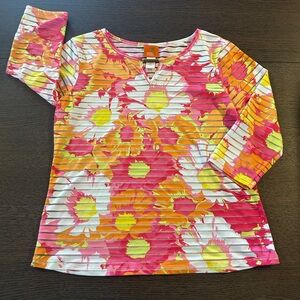 Hearts of Palm Floral Stripe Blouse 3/4 Sleeves And A Split Neck Women Size M